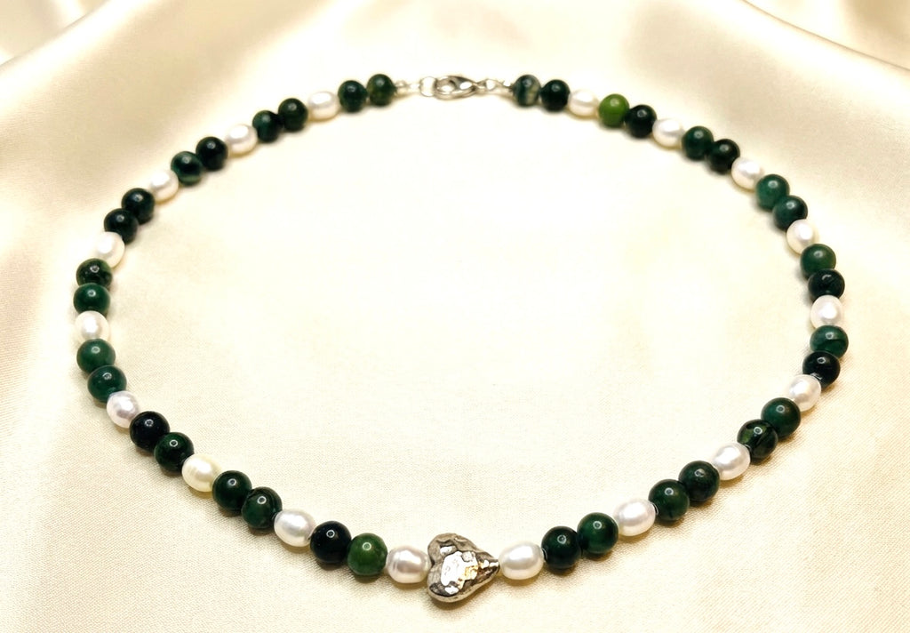 Artisan handcrafted Green Jade Gemstones, natural Pearls with a Sterling Silver Puffed Heart Necklace Valentines Birthday Mother’s Anniversary gift idea
