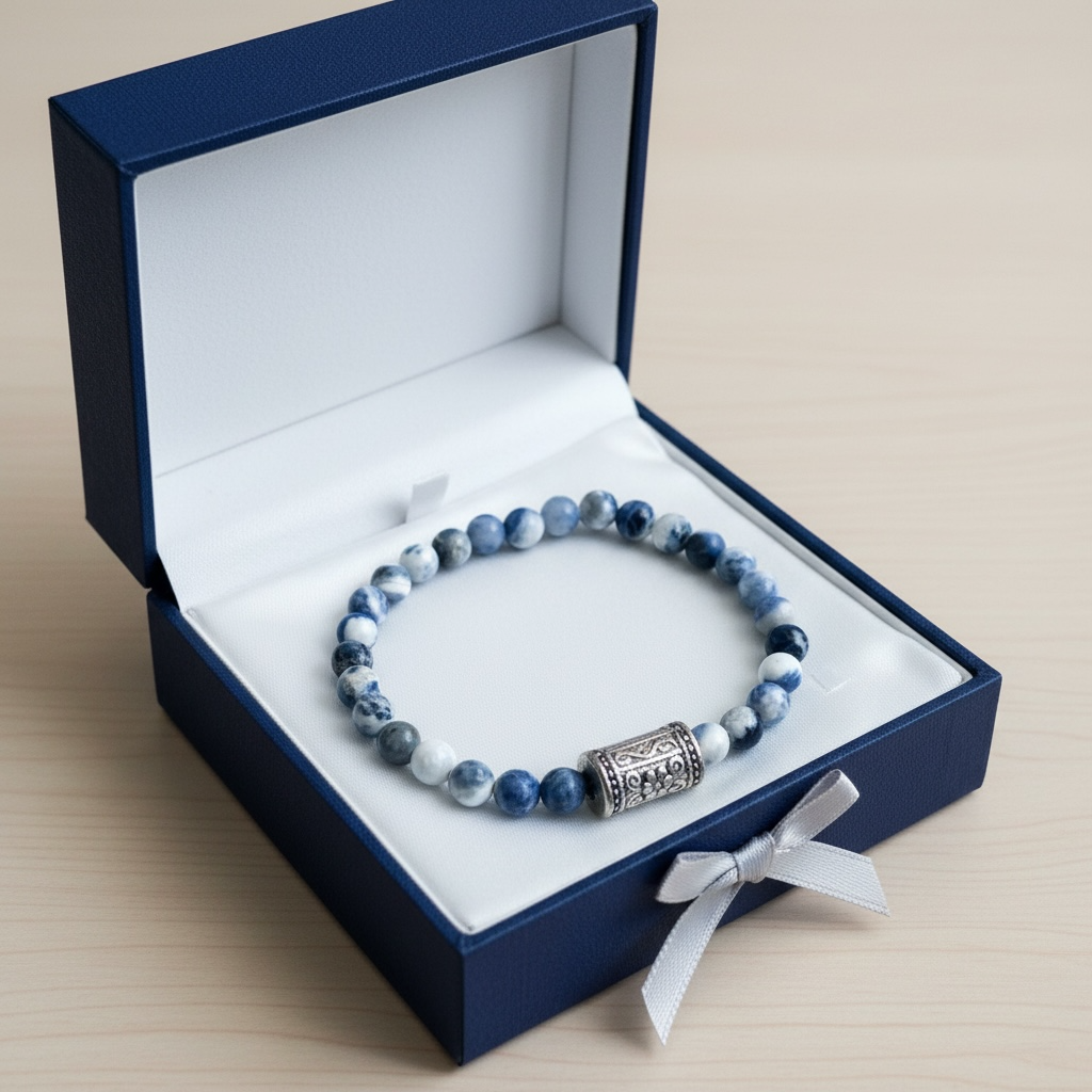 Unisex Blue Agate Gemstone Beads and Antique Silver Bead Strech Bracelet Birthday Gift Valentine’s Day gift idea Father’s Day gift