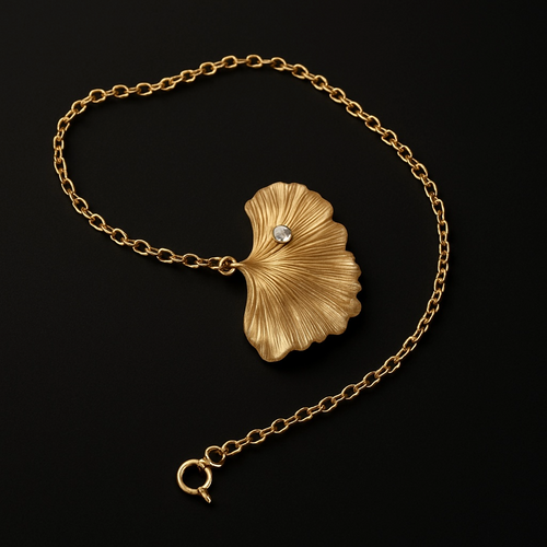 Artisan Hancrafted sustainable Bespoke  recycled Bronze Ginkgo leaf pendant with gold plated chain, handmade, Gift idea for Valentine’s Day, Christmas, birthday, anniversary