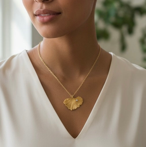 Artisan Hancrafted sustainable Bespoke  recycled Bronze Ginkgo leaf pendant with gold plated chain, handmade, Gift idea for Valentine’s Day, Christmas, birthday, anniversary