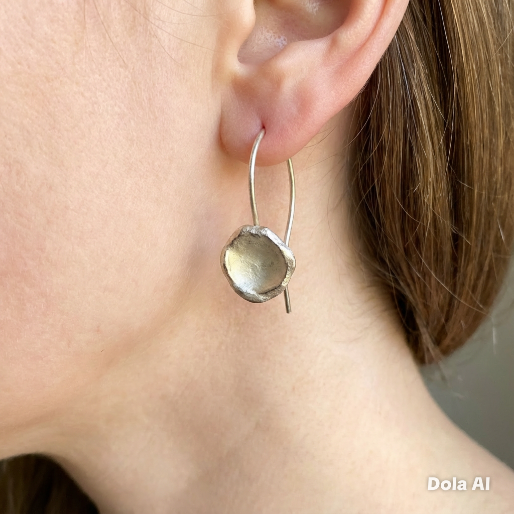 Artisan Hancrafted sustainable Bespoke recycled Fine silver concave disc shaped elongated ear wire dangle earrings Valentines birthday Mother’s Day anniversary gift idea