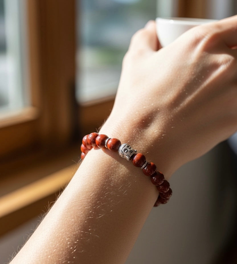 Unisex Red Jasper Gemstone Beads and Silver Budha Focal Bead Strech Bracelet Birthday Valentine’s Father’s Day Anniversary Mother’s Day Gift idea