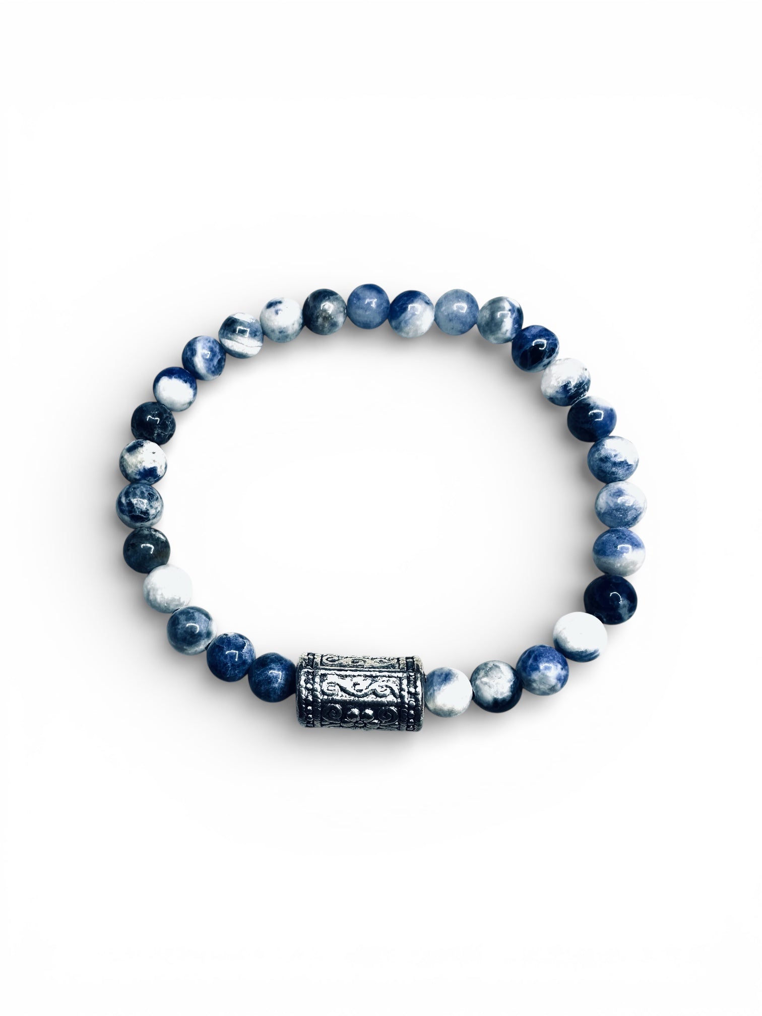 Unisex Blue Agate Gemstone Beads and Antique Silver Bead Strech Bracelet Birthday Gift Valentine’s Day gift idea Father’s Day gift