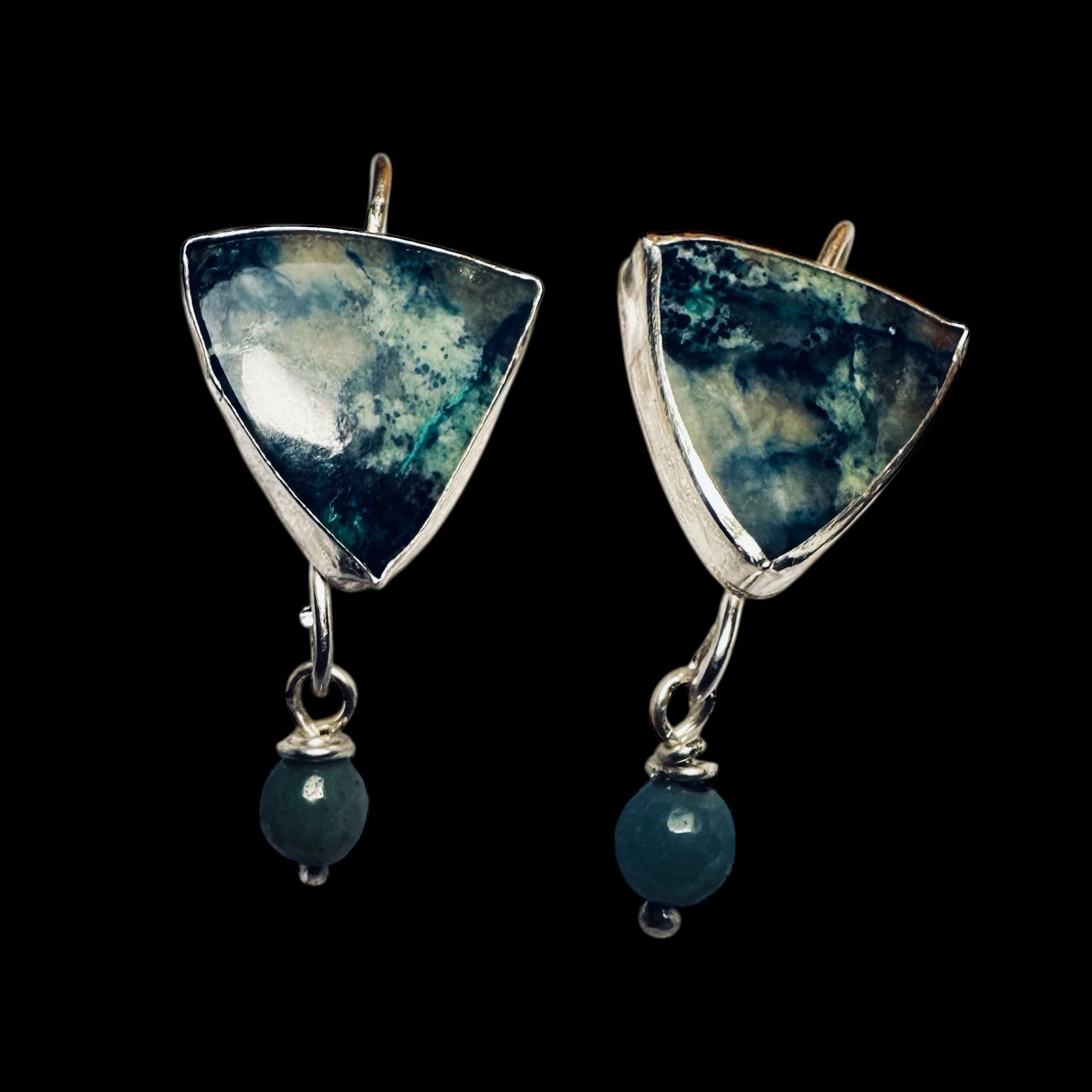 Artisan Hancrafted sustainable Bespoke recycled Sterling Silver Blue Azurite and Amazonite gemstone triangle drop earrings Valentines birthday graduation anniversary present