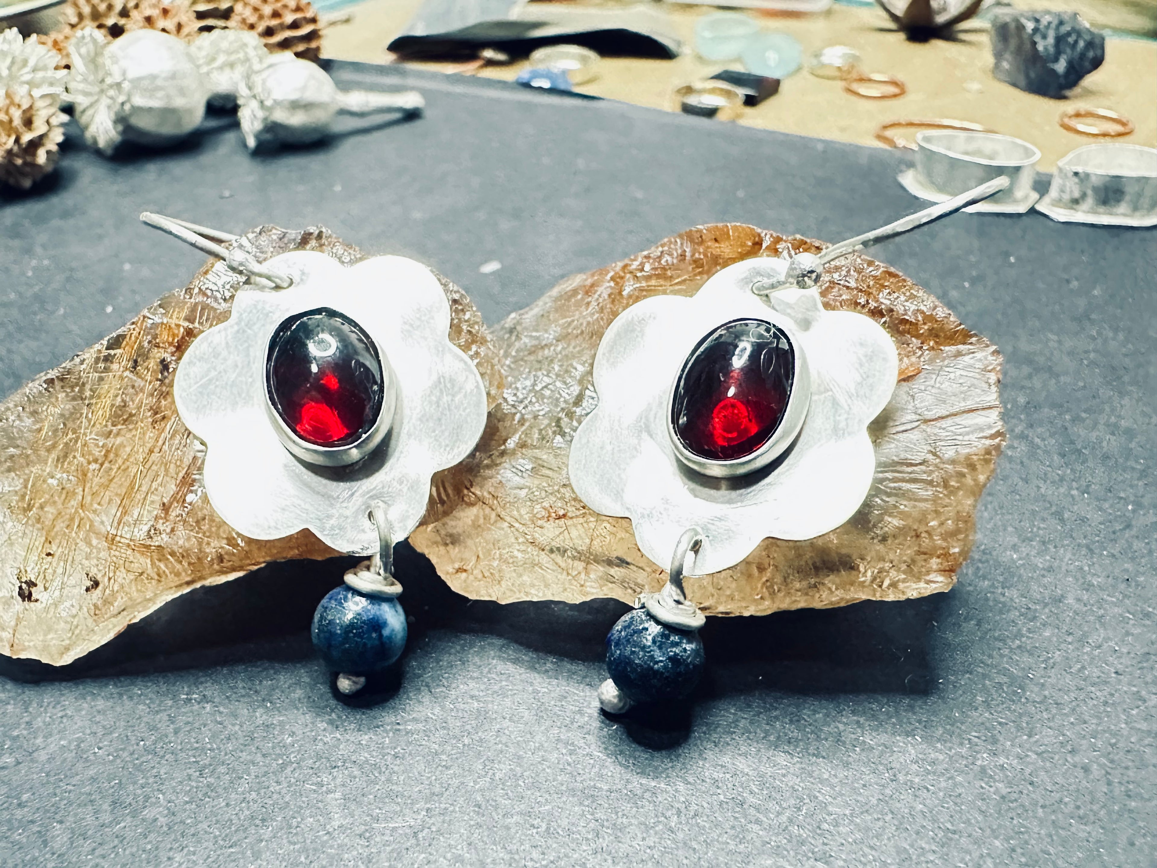 Artisan Hancrafted sustainable Bespoke  recycled Sterling Silver Flower Red Onyx Gemstone earrings Valentines day, birthday, anniversay, mothers day gift idea