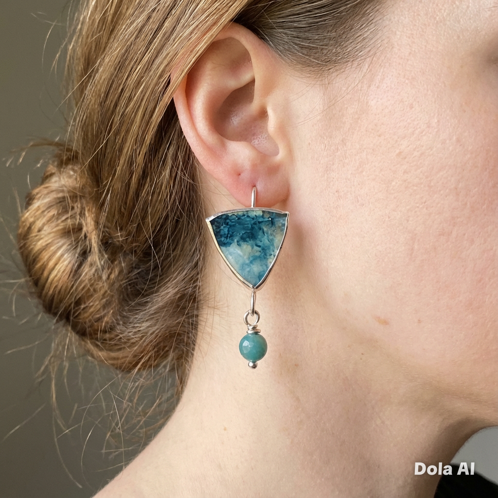 Artisan Hancrafted sustainable Bespoke recycled Sterling Silver Blue Azurite and Amazonite gemstone triangle drop earrings Valentines birthday graduation anniversary present