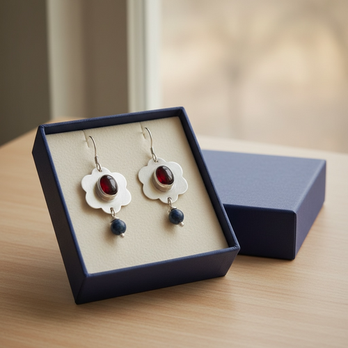 Artisan Hancrafted sustainable Bespoke  recycled Sterling Silver Flower Red Onyx Gemstone earrings Valentines day, birthday, anniversay, mothers day gift idea