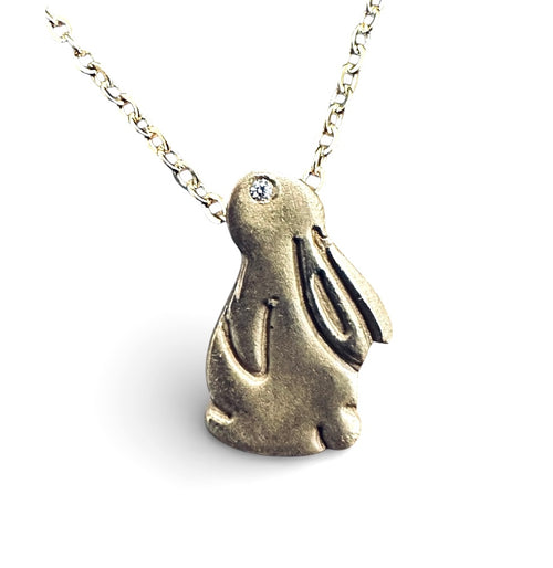 Artisan Hancrafted sustainable Bespoke Bronze Bunny shaped Pendant with gold plated Chain, handmade item gift idea for Valentines, Birthday Mother’s Dayand Anniversary