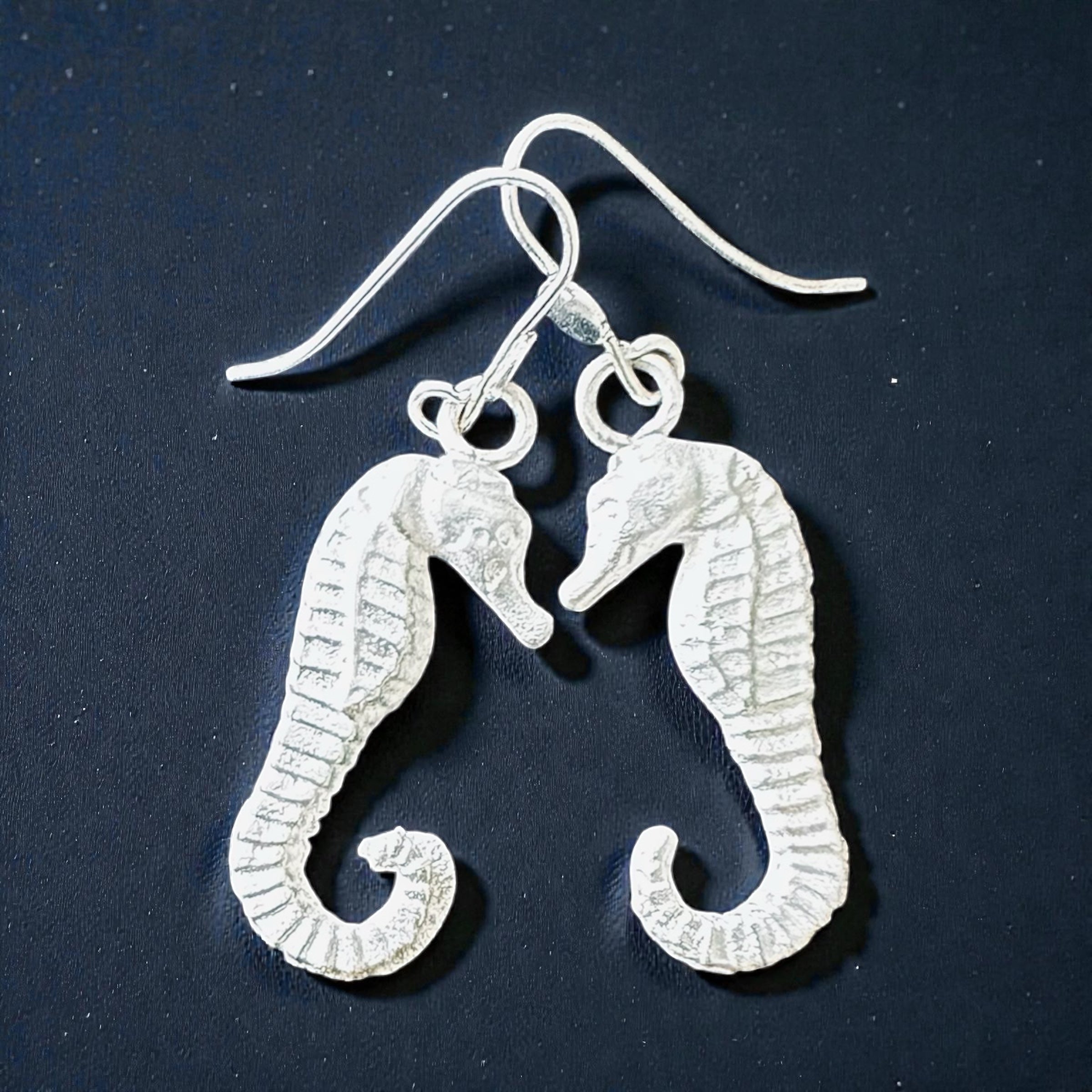 Artisan Hancrafted sustainable Bespoke  recycled Sterling Silver Seahorse earrings  handmade gift idea for Valentine’s Day, anniversary Birthday Graduation