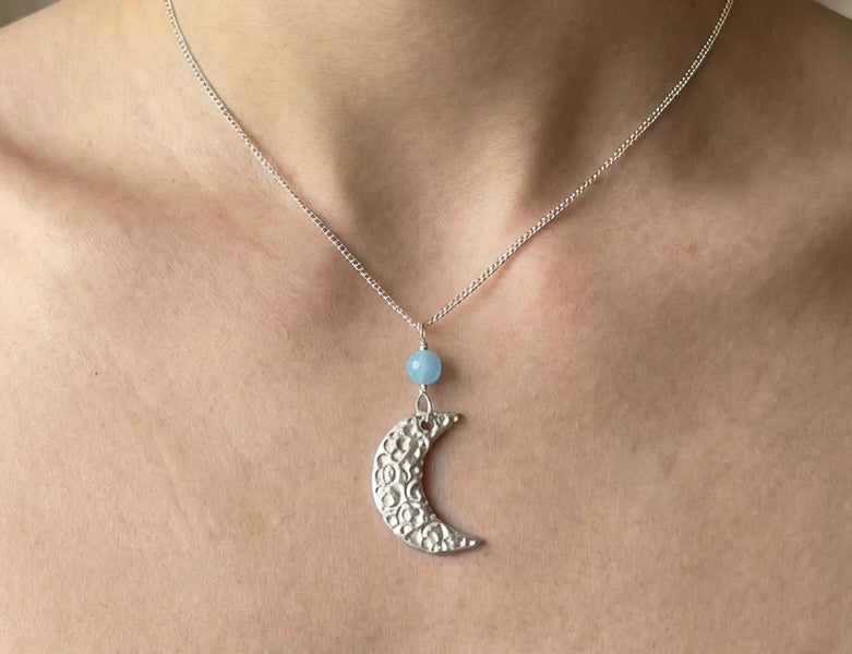 Artisan Handcrafted Sterling silver half-moon pendant with small Amazonite bead suspended on silver plated chain Valentiens Day gift, Birthday Gift, Mothers day gift, Anniversary gift idea