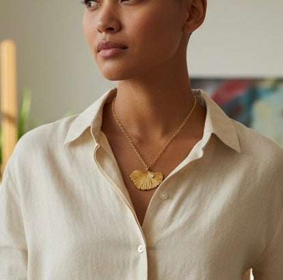 Artisan Hancrafted sustainable Bespoke  recycled Bronze Ginkgo leaf pendant with gold plated chain, handmade, Gift idea for Valentine’s Day, Christmas, birthday, anniversary