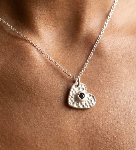 Artisan Hancrafted  Bespoke sustainable Fine Silver heart textured pendant with blue Tanzanite Nanogem and sterling silver chain Valentine’s Day gift, birthday present,anniversary , Mother’s Day gift idea