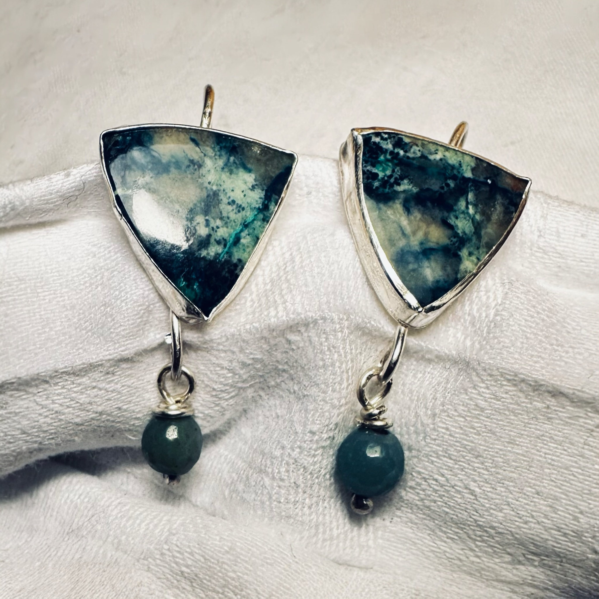 Artisan Hancrafted sustainable Bespoke recycled Sterling Silver Blue Azurite and Amazonite gemstone triangle drop earrings Valentines birthday graduation anniversary present