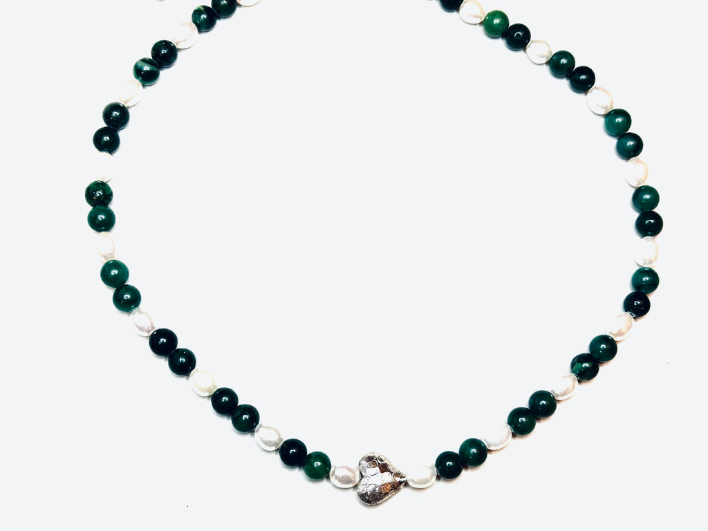 Artisan handcrafted Green Jade Gemstones, natural Pearls with a Sterling Silver Puffed Heart Necklace Valentines Birthday Mother’s Anniversary gift idea