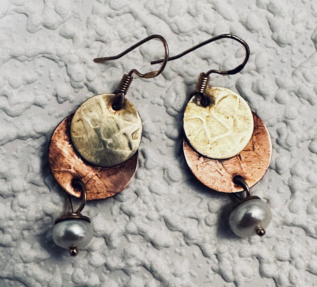 Artisan Hancrafted sustainable Bespoke recycled Copper, Brass and pearls disc dangle earrings Valentines birthdays anniversary Mother’s Daypresent