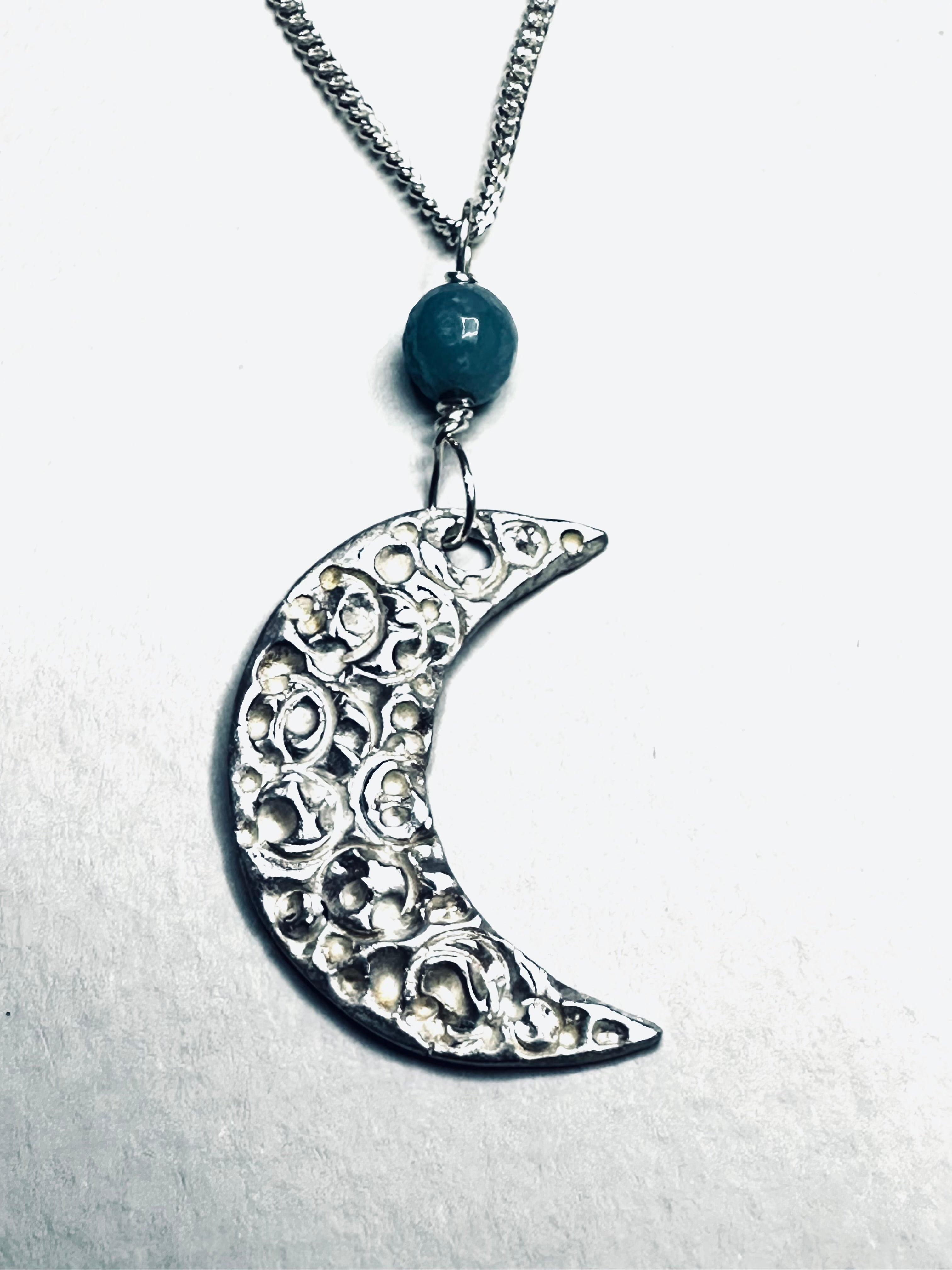 Artisan Handcrafted Sterling silver half-moon pendant with small Amazonite bead suspended on silver plated chain Valentiens Day gift, Birthday Gift, Mothers day gift, Anniversary gift idea