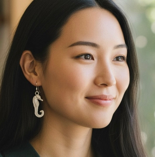 Artisan Hancrafted sustainable Bespoke  recycled Sterling Silver Seahorse earrings  handmade gift idea for Valentine’s Day, anniversary Birthday Graduation