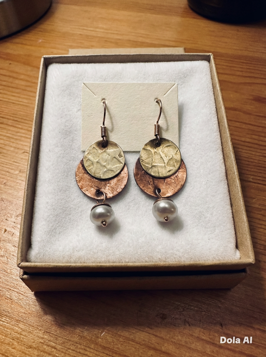 Artisan Hancrafted sustainable Bespoke recycled Copper, Brass and pearls disc dangle earrings Valentines birthdays anniversary Mother’s Daypresent
