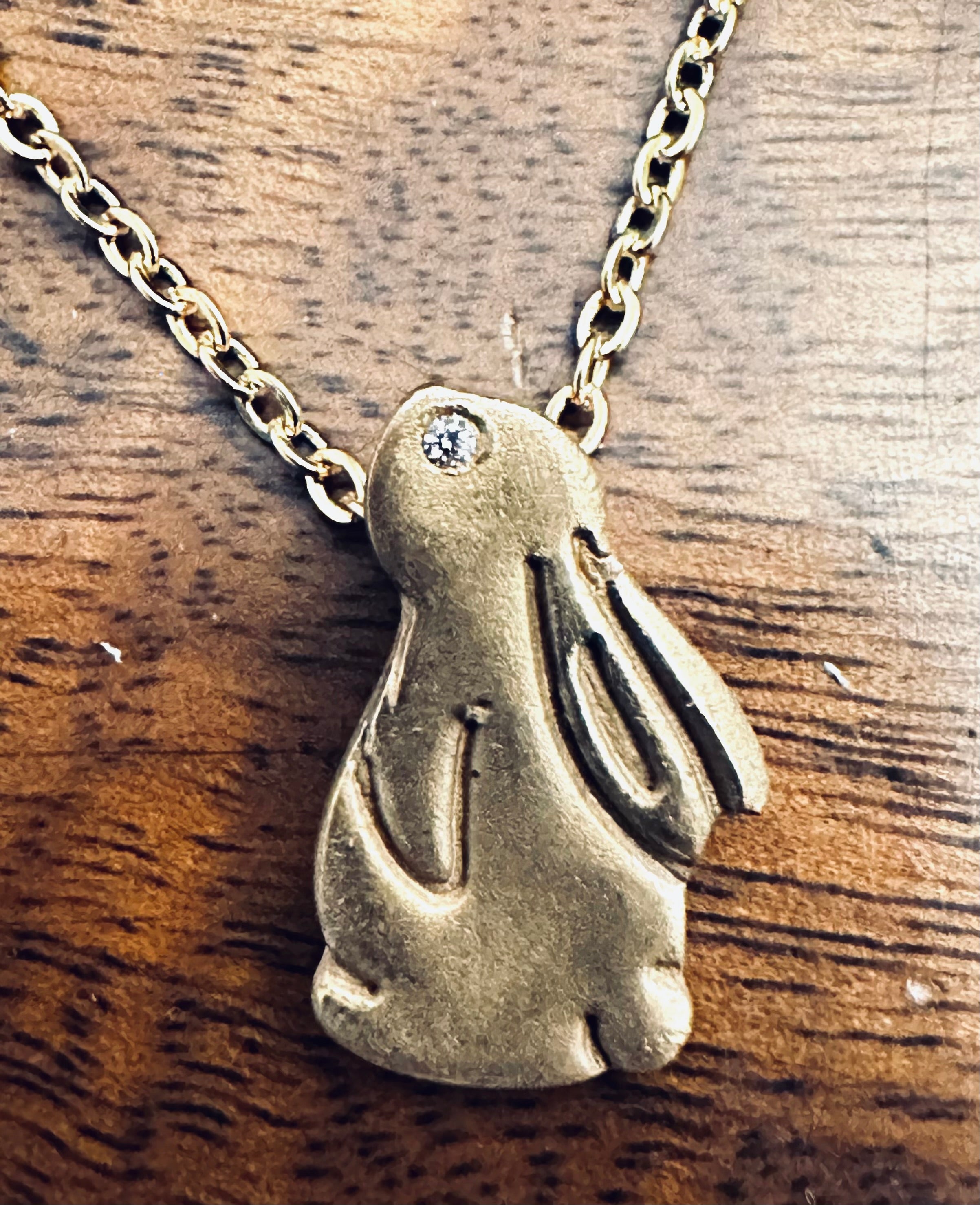 Artisan Hancrafted sustainable Bespoke Bronze Bunny shaped Pendant with gold plated Chain, handmade item gift idea for Valentines, Birthday Mother’s Dayand Anniversary
