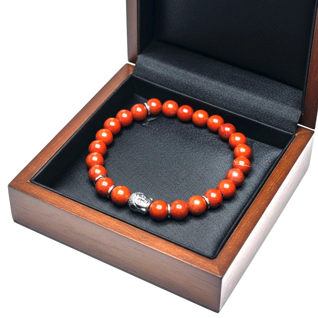 Unisex Red Jasper Gemstone Beads and Silver Budha Focal Bead Strech Bracelet Birthday Valentine’s Father’s Day Anniversary Mother’s Day Gift idea