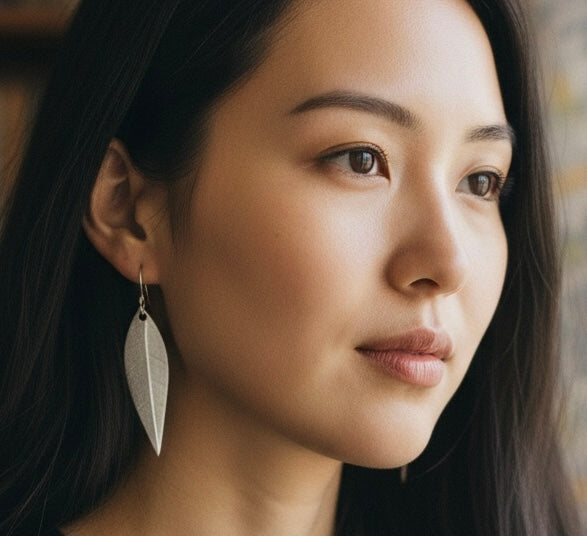 Artisan Hancrafted sustainable Bespoke recycled Fine Silver natural leaf textured handmade earrings, gift idea for Valentines, Christmas, birthday, anniversary only one available