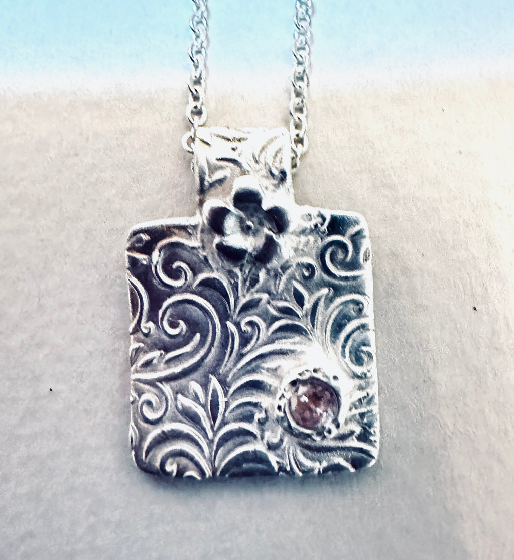 Artisan Handcrafted Unique Fine Silver Textured Pendant with Pink Cubic Zirconia Valentines Day, Birthday, Anniversary, Mothers Day gift idea