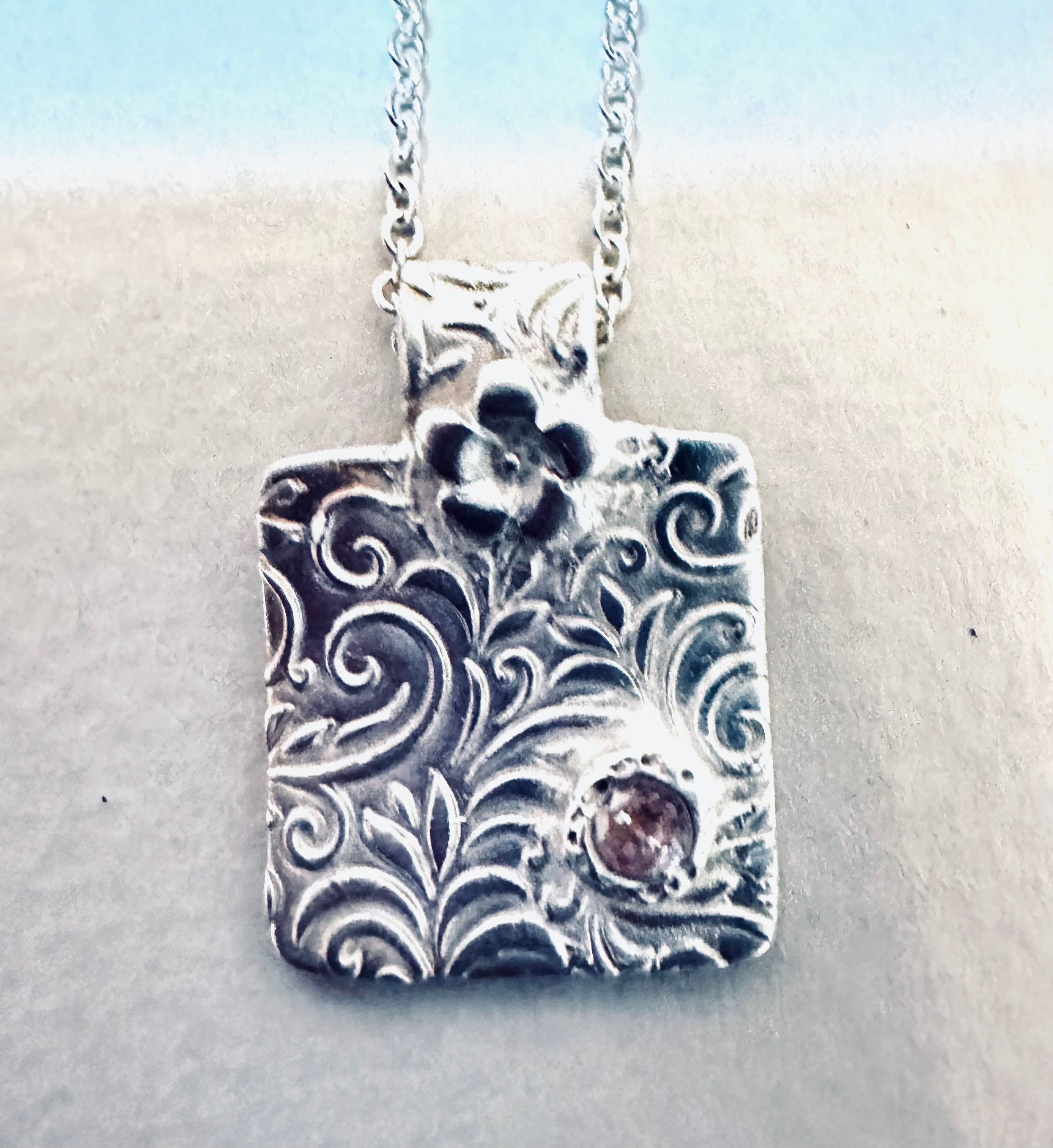 Artisan Handcrafted Unique Fine Silver Textured Pendant with Pink Cubic Zirconia Valentines Day, Birthday, Anniversary, Mothers Day gift idea