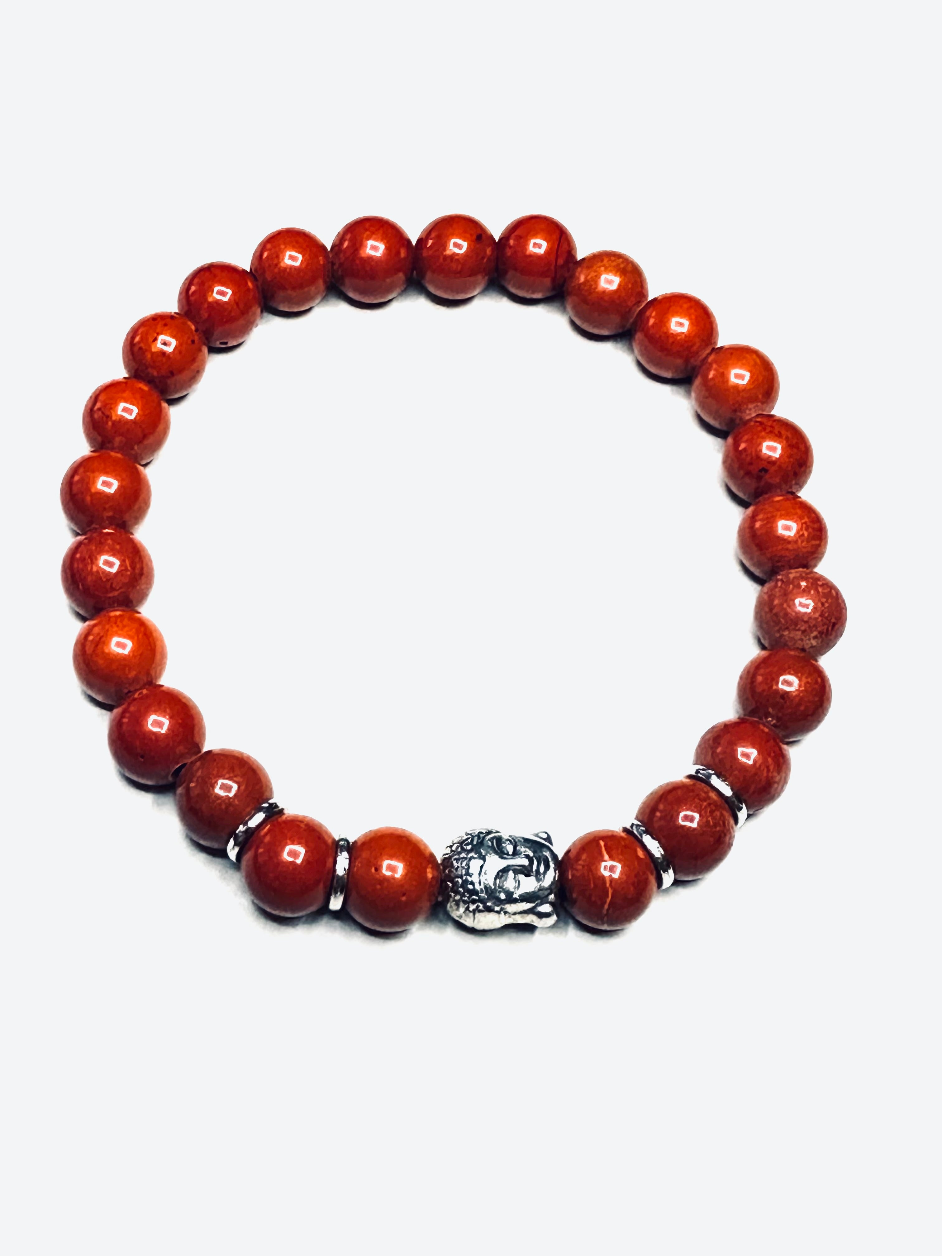 Unisex Red Jasper Gemstone Beads and Silver Budha Focal Bead Strech Bracelet Birthday Valentine’s Father’s Day Anniversary Mother’s Day Gift idea