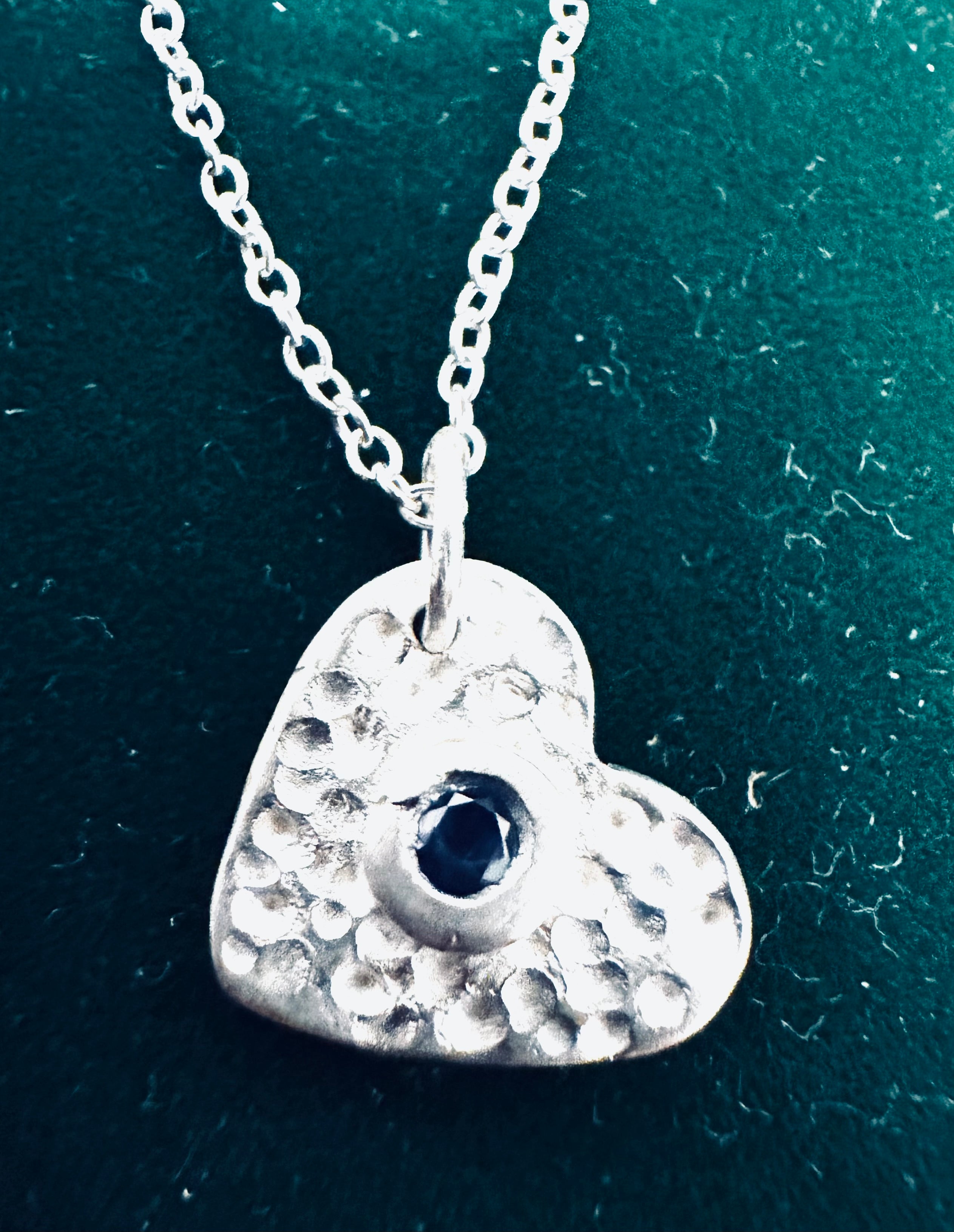 Artisan Hancrafted  Bespoke sustainable Fine Silver heart textured pendant with blue Tanzanite Nanogem and sterling silver chain Valentine’s Day gift, birthday present,anniversary , Mother’s Day gift idea