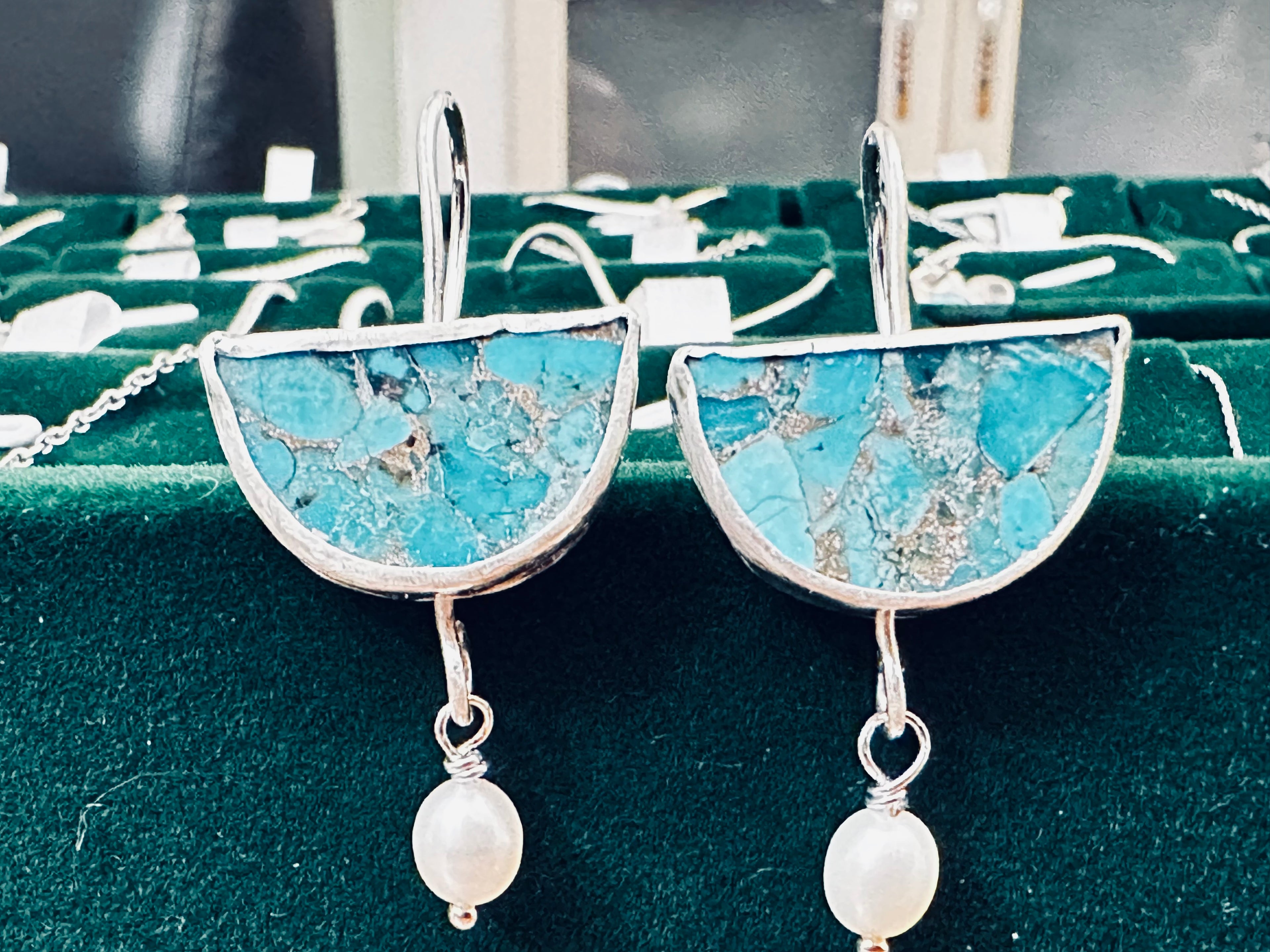 Artisan Hancrafted sustainable Bespoke pair of Sterling Silver Light Blue Azurite gemstones and pearl dangle earrings Valentine’s Day gift, Birthday, Anniversary, Mother’s Day gift idea