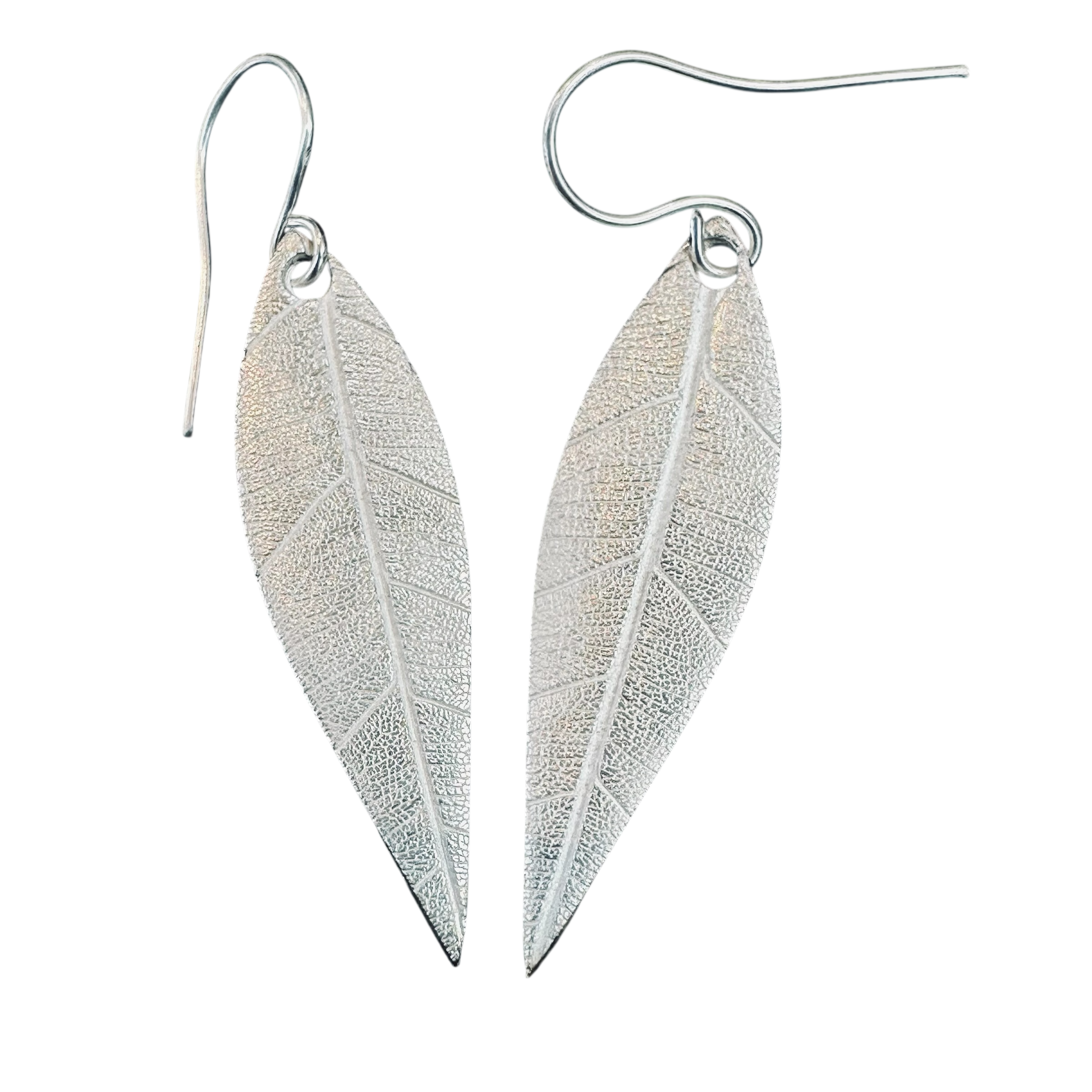 Artisan Hancrafted sustainable Bespoke recycled Fine Silver natural leaf textured handmade earrings, gift idea for Valentines, Christmas, birthday, anniversary only one available