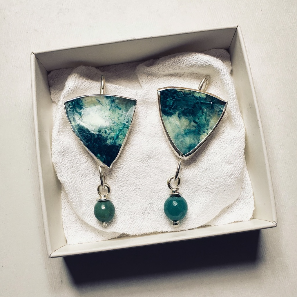 Artisan Hancrafted sustainable Bespoke recycled Sterling Silver Blue Azurite and Amazonite gemstone triangle drop earrings Valentines birthday graduation anniversary present