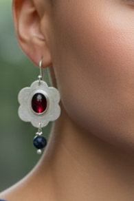 Artisan Hancrafted sustainable Bespoke  recycled Sterling Silver Flower Red Onyx Gemstone earrings Valentines day, birthday, anniversay, mothers day gift idea