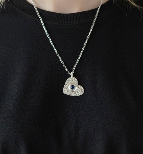 Artisan Hancrafted  Bespoke sustainable Fine Silver heart textured pendant with blue Tanzanite Nanogem and sterling silver chain Valentine’s Day gift, birthday present,anniversary , Mother’s Day gift idea