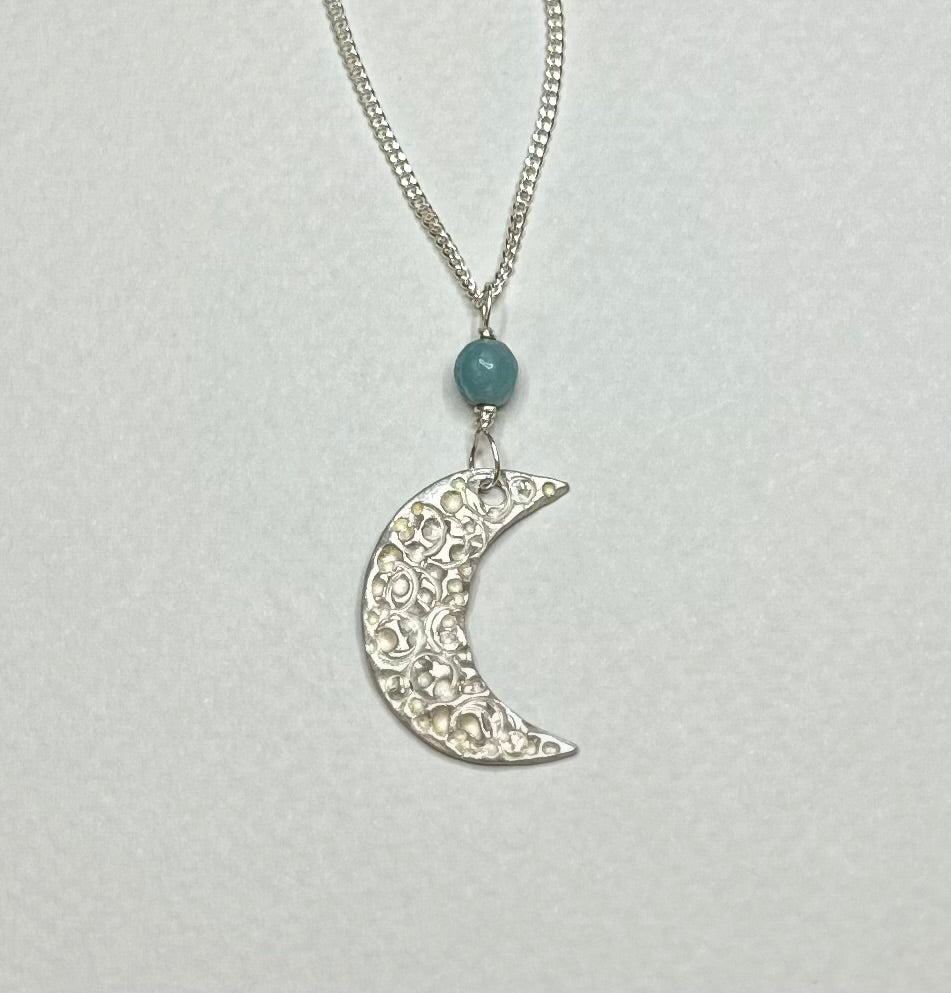 Artisan Handcrafted Sterling silver half-moon pendant with small Amazonite bead suspended on silver plated chain Valentiens Day gift, Birthday Gift, Mothers day gift, Anniversary gift idea