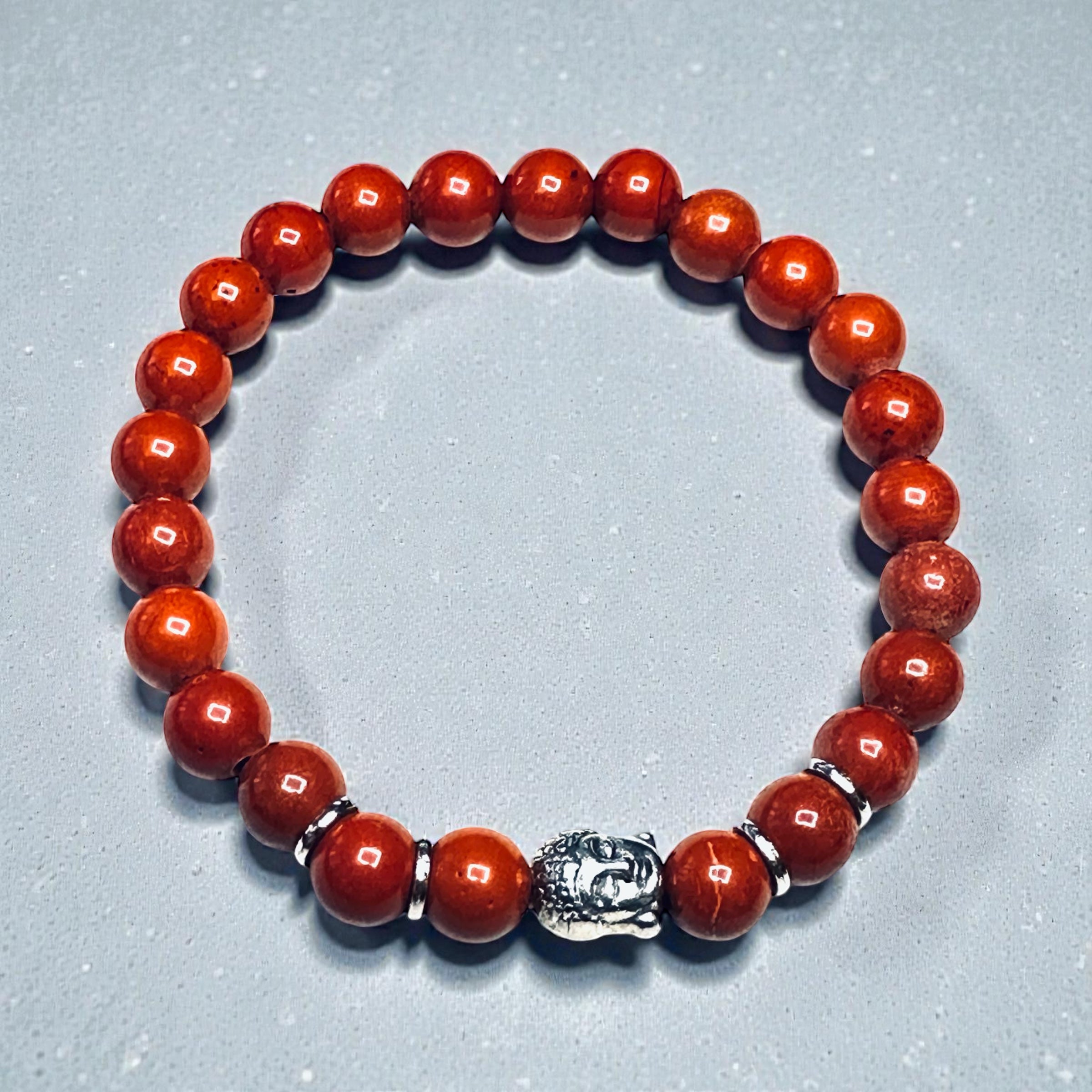 Unisex Red Jasper Gemstone Beads and Silver Budha Focal Bead Strech Bracelet Birthday Valentine’s Father’s Day Anniversary Mother’s Day Gift idea