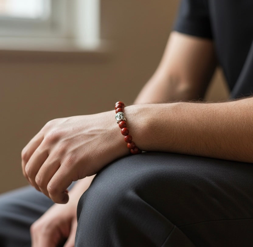 Unisex Red Jasper Gemstone Beads and Silver Budha Focal Bead Strech Bracelet Birthday Valentine’s Father’s Day Anniversary Mother’s Day Gift idea