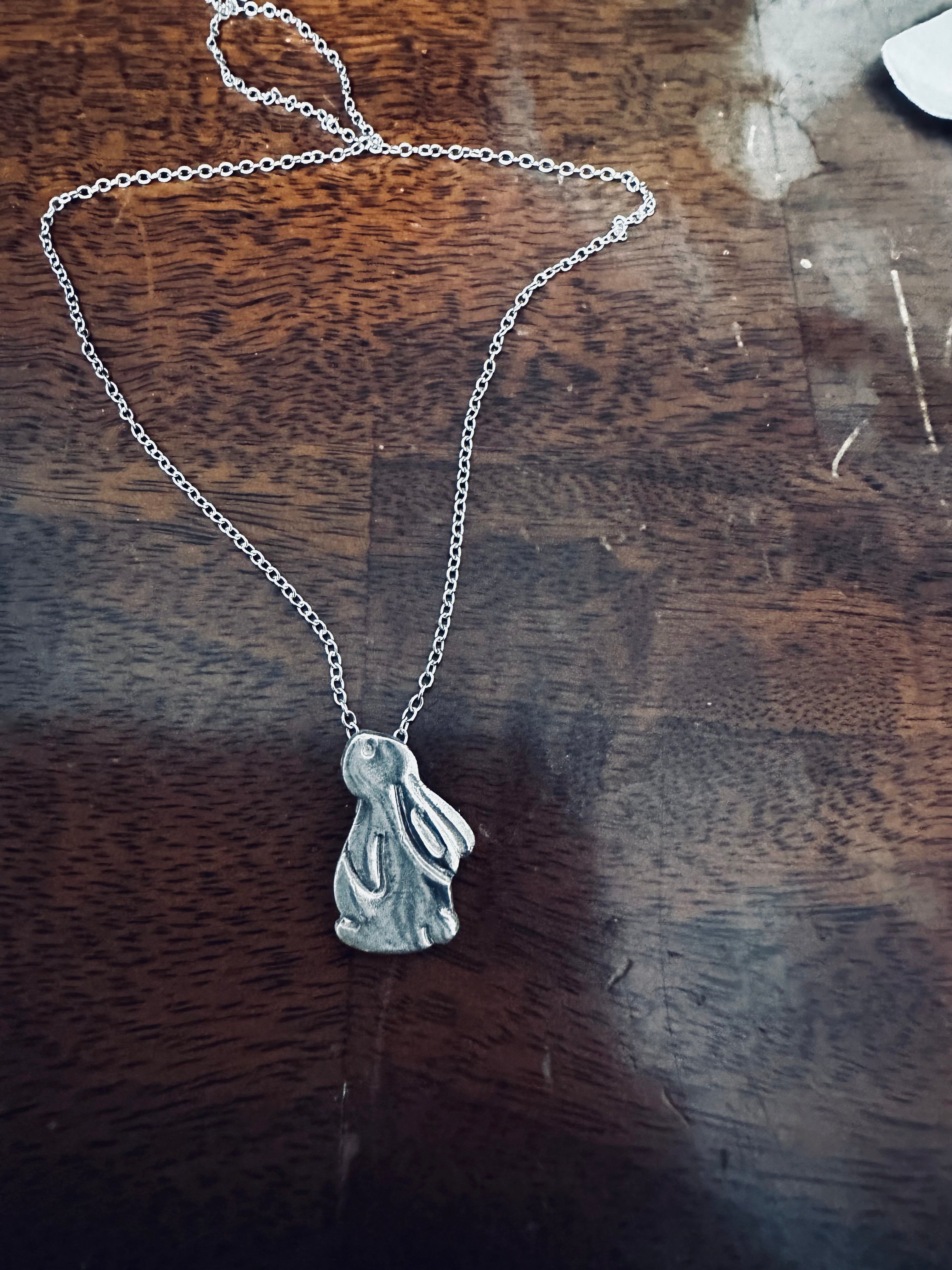 Artisan Hancrafted sustainable Bespoke  recycled unique Fine Silver Bunny Pendant with sterling silver Chain, handmade item gift idea for Valentines, Birthday and Anniversary