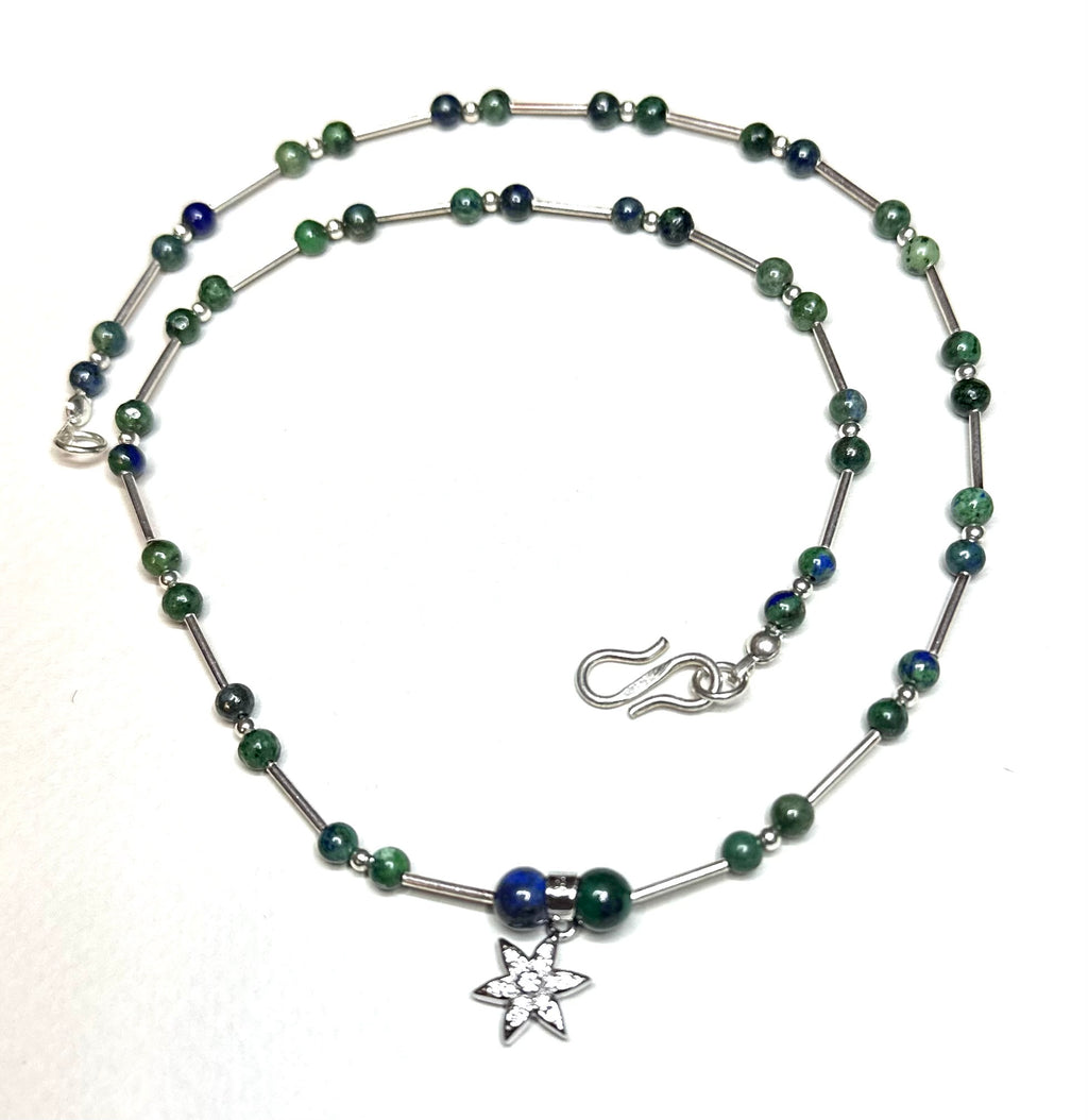 Artisan Handcrafted Limited Edition Chrysocolla Natural GemstoneSterlingl Silver Necklace With Silver Star Pendant Valentine's Day, Birthday, Anniversary, Mother's Day Special Occasion gift idea