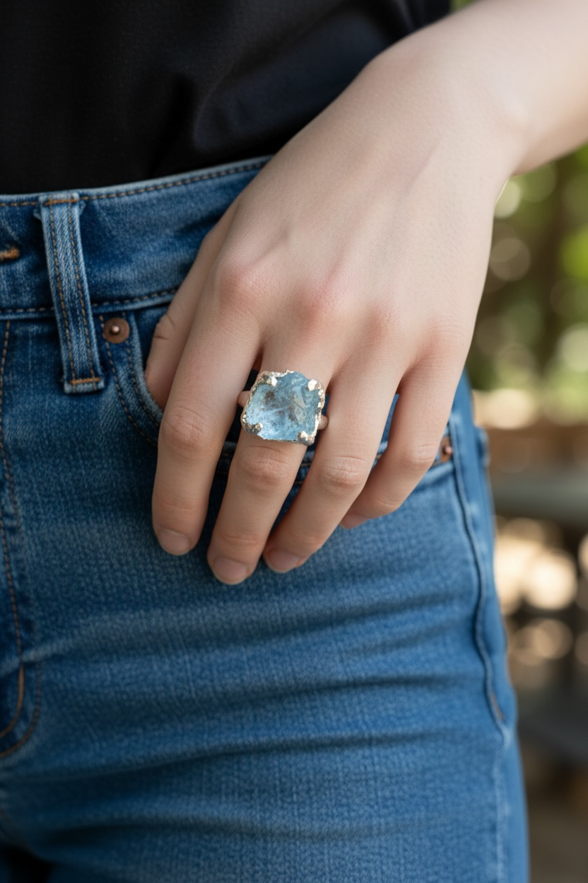 Artisan Hancrafted sustainable Bespoke Recycled Sterling Silver Raw Sky Blue Topaz natural gemstone Ring Valentines Day  Birthday Anniversary Graduation, Mothers Day Gift