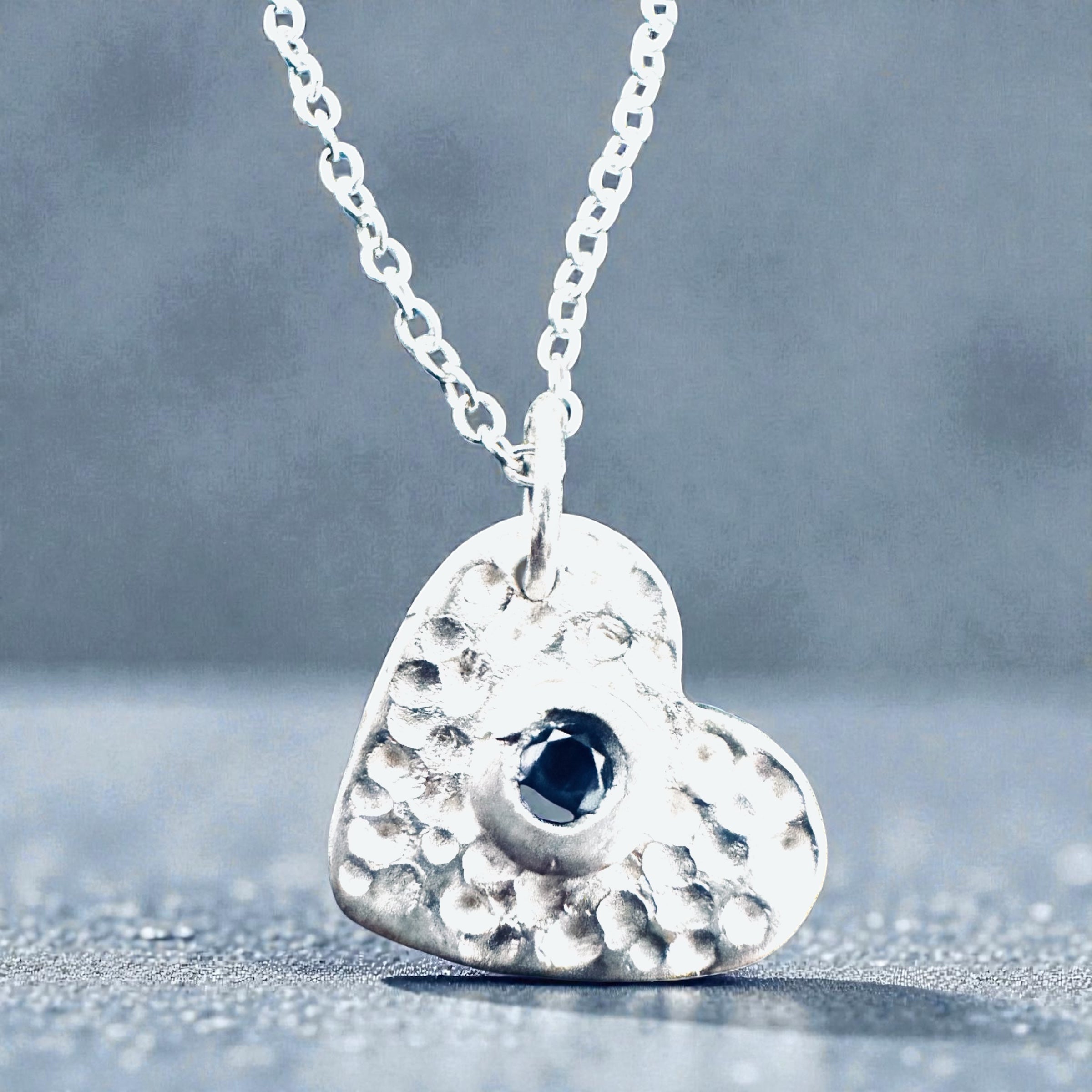 Artisan Hancrafted  Bespoke sustainable Fine Silver heart textured pendant with blue Tanzanite Nanogem and sterling silver chain Valentine’s Day gift, birthday present,anniversary , Mother’s Day gift idea
