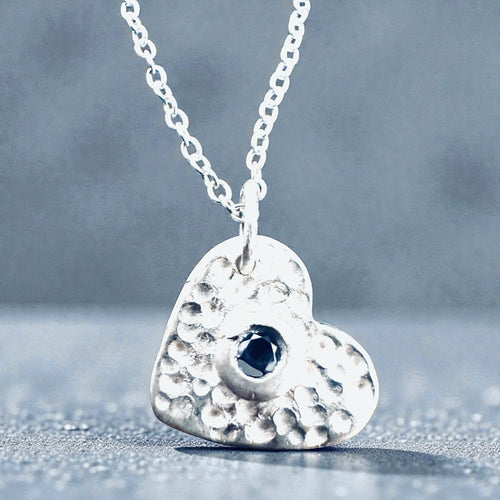 Artisan Hancrafted  Bespoke sustainable Fine Silver heart textured pendant with blue Tanzanite Nanogem and sterling silver chain Valentine’s Day gift, birthday present,anniversary , Mother’s Day gift idea