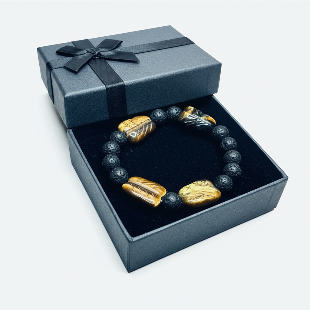 Men’s Golden Tiger’s Eye Gemstone and Lava Rock Beads Stretch Bracelet Valentines Day, Father’s Day, Anniversary, Birthday Gift Idea