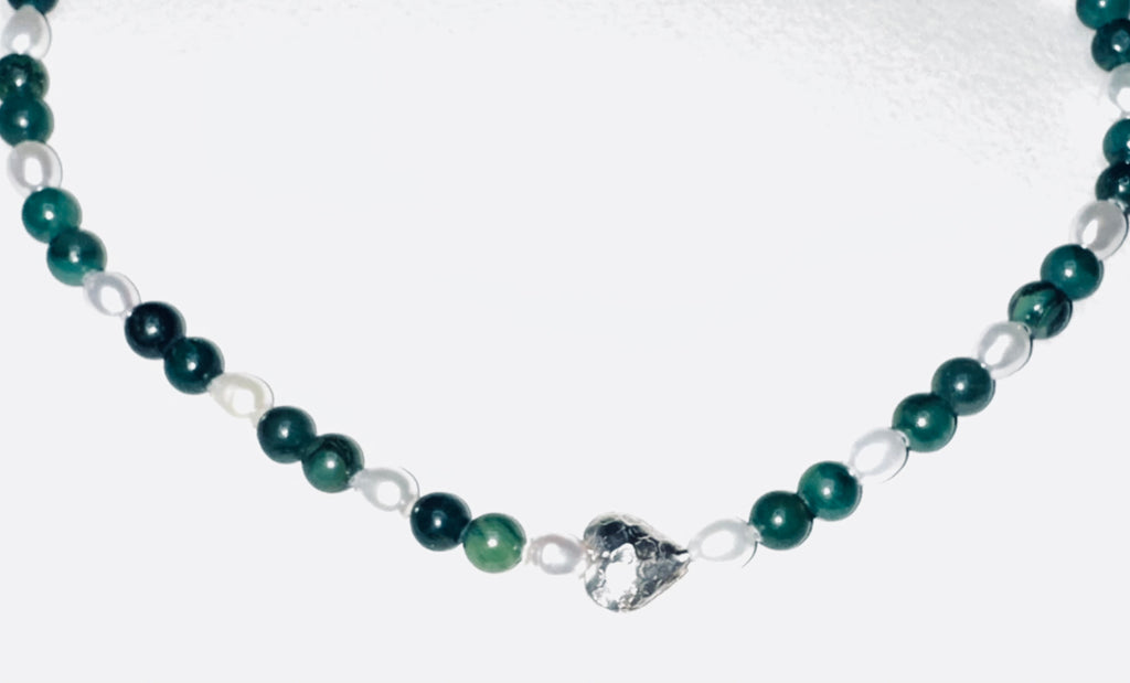 Artisan handcrafted Green Jade Gemstones, natural Pearls with a Sterling Silver Puffed Heart Necklace Valentines Birthday Mother’s Anniversary gift idea