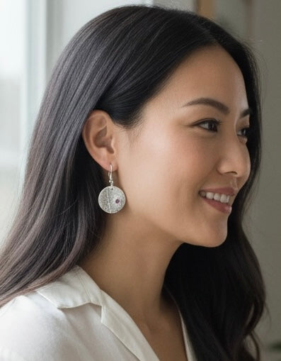 Artisan Hancrafted sustainable Bespoke Fine Silver disc leaf textured earrings with cubic Zirconia red gemstone valentines birthday anniversary gift only one pair available.