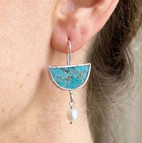 Artisan Hancrafted sustainable Bespoke pair of Sterling Silver Light Blue Azurite gemstones and pearl dangle earrings Valentine’s Day gift, Birthday, Anniversary, Mother’s Day gift idea