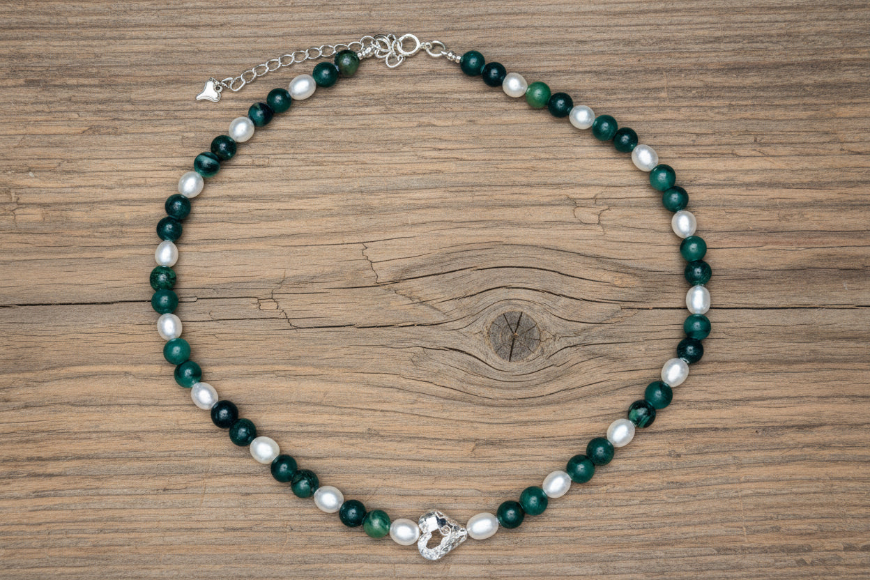 Artisan handcrafted Green Jade Gemstones, natural Pearls with a Sterling Silver Puffed Heart Necklace Valentines Birthday Mother’s Anniversary gift idea
