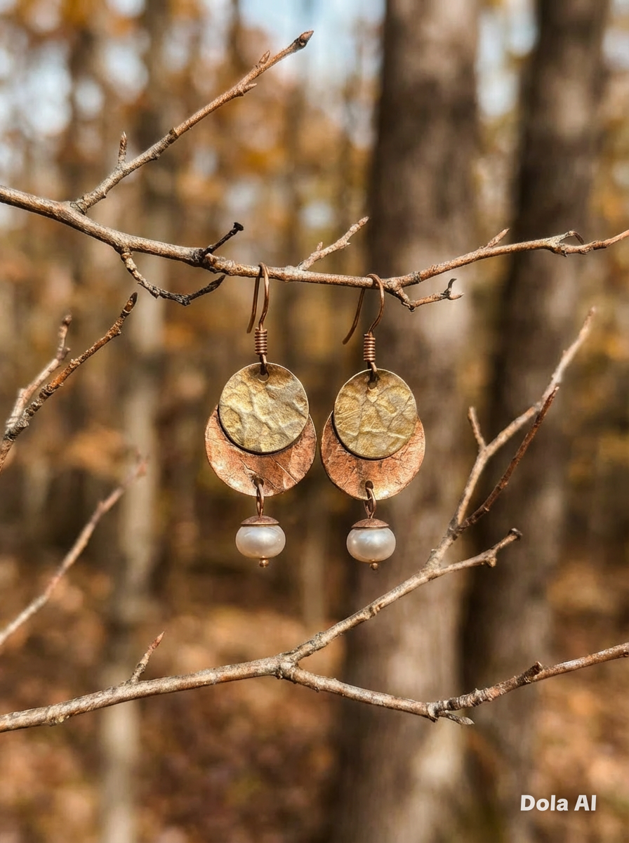 Artisan Hancrafted sustainable Bespoke recycled Copper, Brass and pearls disc dangle earrings Valentines birthdays anniversary Mother’s Daypresent