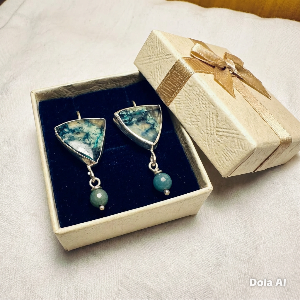 Artisan Hancrafted sustainable Bespoke recycled Sterling Silver Blue Azurite and Amazonite gemstone triangle drop earrings Valentines birthday graduation anniversary present