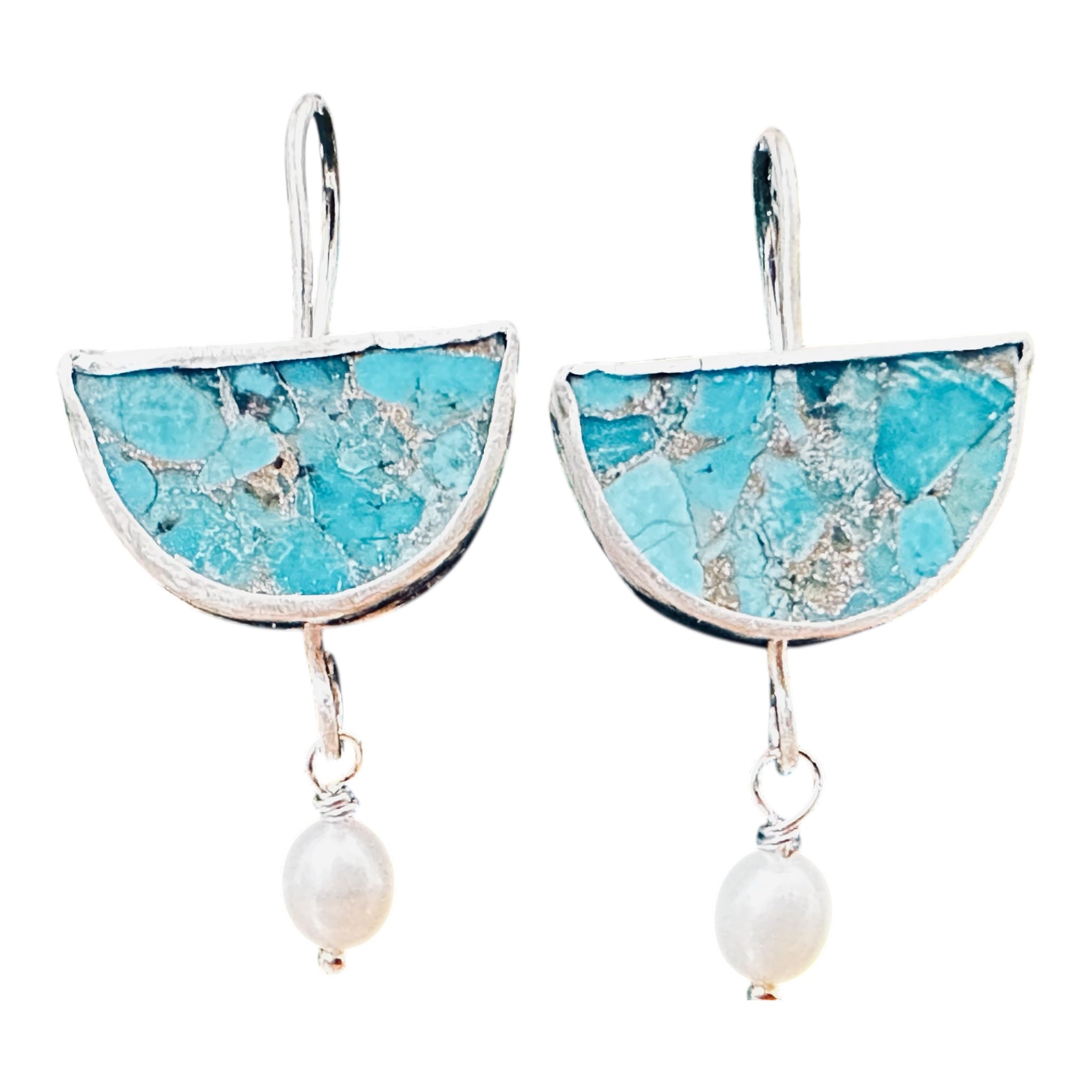 Artisan Hancrafted sustainable Bespoke pair of Sterling Silver Light Blue Azurite gemstones and pearl dangle earrings Valentine’s Day gift, Birthday, Anniversary, Mother’s Day gift idea